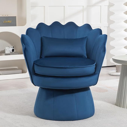 360° Swivel Accent Chairs Set of 2, Mid-Century Modern Velvet Barrel Chair, Comfy Shell Shape Arm Chair with Lumbar Pillow for Living Room, Bedroom, Office, Dark Blue