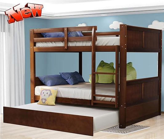 Upgraded Version Best Full Over Full Bunk Bed with Trundle, Thicken Solid Wood Full Size Bunk Bed, Bunkbed Frame Full Over Full, Convertible to 2 Beds, Easy Assembly for Adults (Walnut)