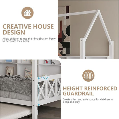 Twin House Bed for Kids with Trundle and Storage Shelves, Montessori Bed with Guardrails and Wood Slats, Platform Bed with Headboard for Boys Girls, 74.4" L x 40.2" W x 71" H, White