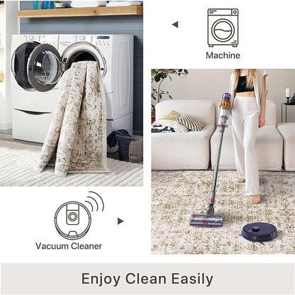 5x7 Area Rugs - Ultra-Thin Washable Rug with Non-Slip Backing, Ideal for Living Room, Bedroom, Dining Room Indoor - Vintage, Easy Clean, Durable, Low Pile Rug Olive