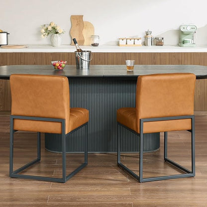 Brown Faux Leather Dining Chairs Set of 2, Mid-Century Modern Dining Room Chairs with Armless, Checkered Kitchen Chair with Metal Legs
