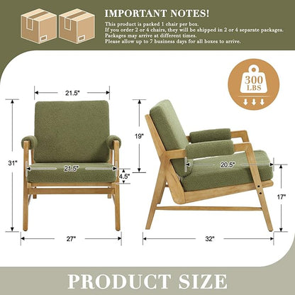 HEAH-YO Modern Accent Chair Set of 2, Upholstered Boucle Fabric Living Room Chair with Wooden Frame, Comfy Armchair with Thick Cushion for Bedroom Balcony, Green
