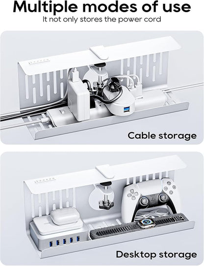 NODOCA No Drill Under Desk Cable Management Tray, 14'' Wire Management, Punch-Free Clamp on, Metal Cable Tray, Wire Organizer, Under Desk Basket for Office and Home, White