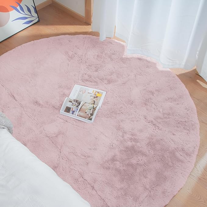 Pink Boho Round Rugs 8ft Large Fluffy Machine Washable Fuzzy Fur Area Rugs for Living Room Plush Circle Sheepskin Rugs for Bedroom Nursery Rug