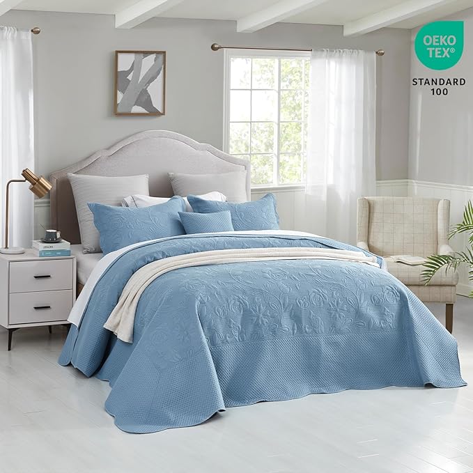 CHIXIN Oversized Bedspread Coverlet Set King Size - Lightweight Bedding Cover - Ultrasonic Quilting - 5 Piece Reversible Bedspread - Vintage Rose Pattern (King, Ashley Blue)