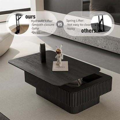 LKTART Lift Top Coffee Table for Living Room, Accent Fluted Coffee Table with Storage, Modern Solid Wood Veneered Rectangle Center Tea Table for Small Space Apartment (38.6''L×14''H-Black)