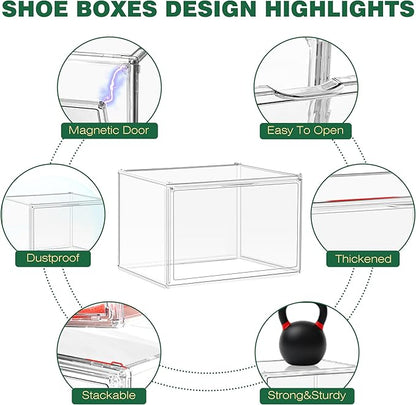 12 Pack X-Large Acrylic Display Case, Size 14 Clear Shoe Box Stackable Sneaker Display Case with Magnetic Lid Multipurpose Storage Bin for Closet for Purses, Handbags, Cosmetics, Collectibles