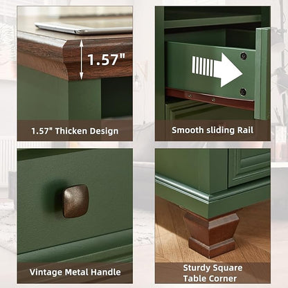 SAVOR LIFE Farmhouse Nightstand Set of 2 with Charging Station, Rustic Green Nightstand,2 Drawers End Table for Living Room,Bedside Table with Open Shelf for Bed Room,Green