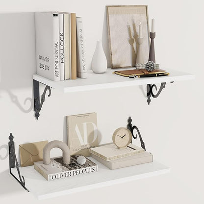 Dreamland Deep Floating Shelves, 24" W x 12" D Wall Shelves Set of 2, Wide Display Shelf Wall Mounted with Brackets, Bookshelf for Living Room, Bathroom, Bedroom, White