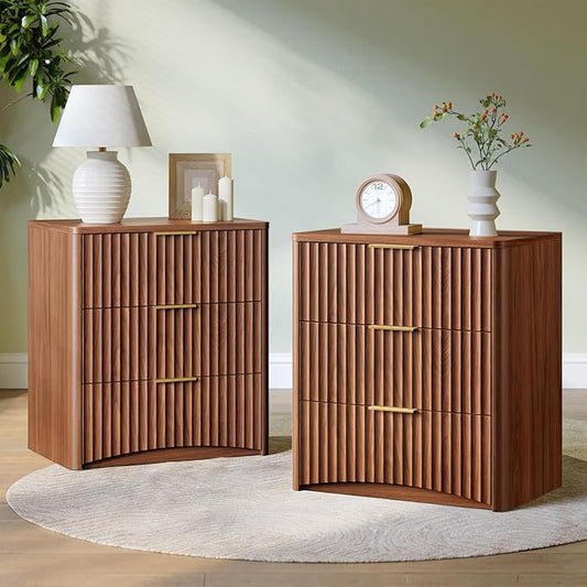 Evermagin Fluted Nightstand Set of 2, Walnut Bedside Table with 3 Drawers, Wood End Table with Storage Mid Century Modern, Large Night Stand for Bedroom