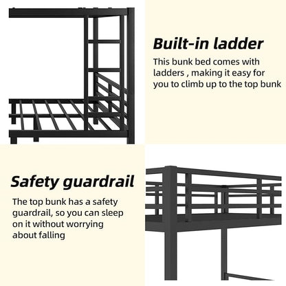 Full Over Full Bunk Bed Frame, Heavy Duty Metal Loft Bed for Adults/Teens, 350/500LB Capacity w/Ladder & Guardrail, Noise-Free Steel Slats, No Box Spring Required, Black