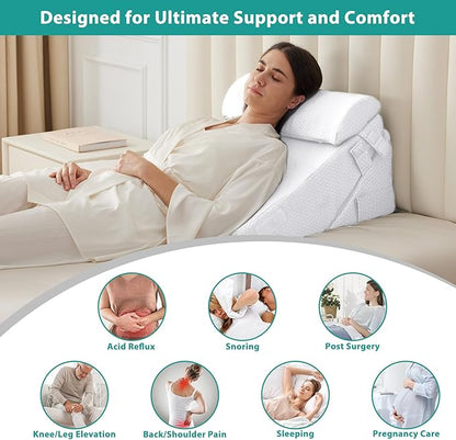 Bedluxe 3Pcs Orthopedic Bed Wedge Pillow Set, Foam Wedge Pillow Post Surgery for Back, Leg and Knee Support, Adjustable 9&12 Inch Folding Triangle Pillow for Sleeping, Acid Reflux, Snoring, White