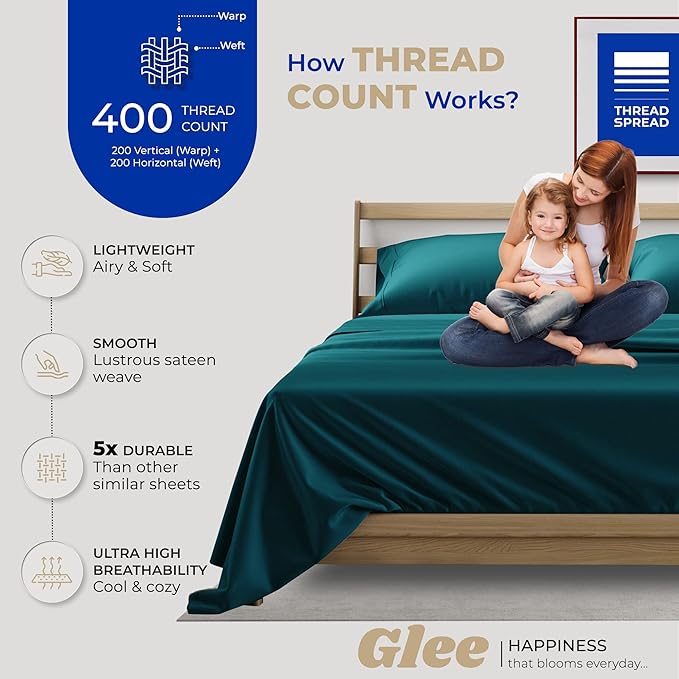 THREAD SPREAD 100% Cotton Sheets Twin Size - 400 Thread Count Cotton Bed Sheets Twin, 3 PC Set (Teal), Luxury Soft, Breathable, Cooling, Sateen Weave 16" Deep Pocket Bedsheet for Dorm Rooms