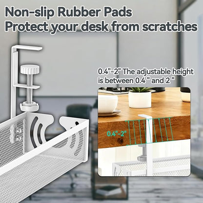 Cable Management, 15'' Under Desk Cable Management Tray No Drill, Metal Cable Organizer with Clamp for Wire Management, Cord Organizer for Home Office, Desk Accessories Organizer, White