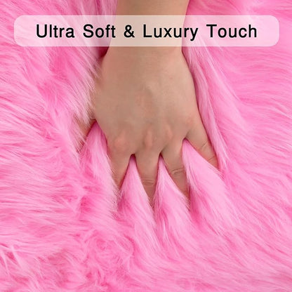 duduta Hot Pink Faux Sheepskin Round Rug 4x4 ft, Fluffy Shag Girls Bedroom Nursery Dorm Circle Rug Non Slip Washable