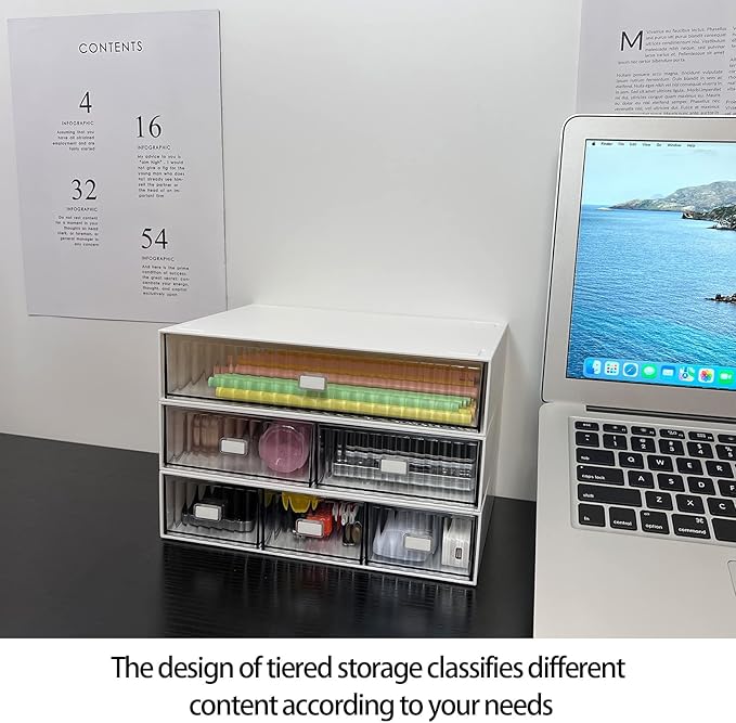 Stackable Office Supplies Drawer Organizer, Plastic Storage Drawer, Desk Grocery Organizer For Stationery (Purple, 3 Compartments)