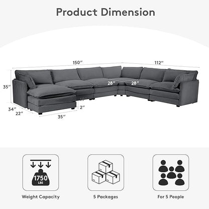 ROWHY 150'' Modular Sectional Corner Cloud Couch, 7 Seater Sofa Big Comfy Corduroy V Shaped Couch with 4 Throw Pillows, Movable Ottoman, Couches for Living Room Office Dark Grey