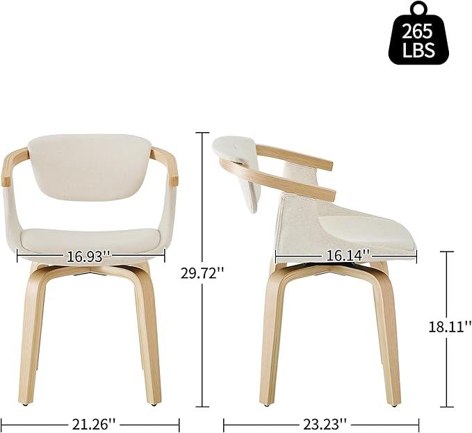 Art Leon Swivel Dining Chairs - Mid Century Modern Fabric Upholstered Kitchen Dining Room Chair with Arms, Desk Chairs No Wheels, Set of 2, Off White