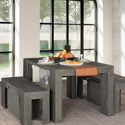 Transformer Table - Solid Wood Extendable Dining Table, Seats 2-12, Extendable Dining Room Table, Space-Saving Furniture, Expandable Dining Furniture (Dark Grey, Table + 2 Benches)