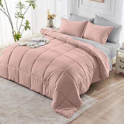 JOLLYVOGUE King Comforter Set, Ultra-Soft Bed in a Bag King Size 7 Pieces, Oeko-TEX Certified Bedding Set with Down Alternative Comforter, Sheets, Pillowcases & Shams, Pink & Light Grey