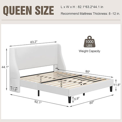 VECELO Queen Bed Frame with Upholstered Wingback Headboard, Heavy-Duty Platform Bedframe with Charging Station, Wooden Slats, No Box Spring Needed, White
