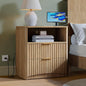 Evermagin Fluted Nightstand with Charging Station, Natural Oak Bedside Table with 2 Drawers, Wood End Table with Storage Mid Century Modern, Large Night Stand for Bedroom