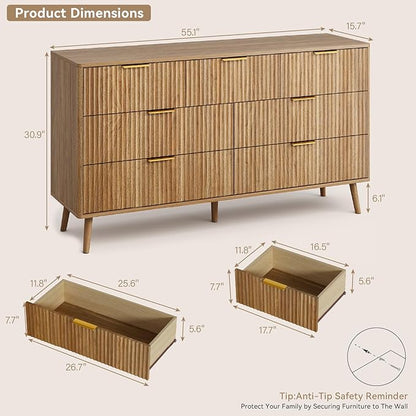 CARPETNAL Fluted 7 Drawer Dresser for Bedroom, 55" Wide Wooden Chest of Drawers with Rounded Corners, Gold Handles, Modern Storage Organizer for Bedroom, Hallway(Walnut)