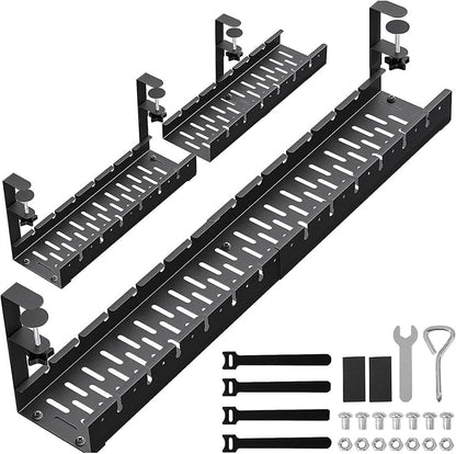 31Inch Extendable Under Desk Cable Management Tray, Black Metal Cable Management Tray Under Desk Cord Management with Clamp, 31 Inch x 4.33 Inch
