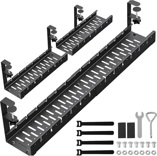 31Inch Extendable Under Desk Cable Management Tray, Black Metal Cable Management Tray Under Desk Cord Management with Clamp, 31 Inch x 4.33 Inch