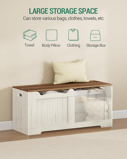 Hzuaneri 43.3" Storage Chest, Extra Large Storage Bench Trunk with 2 Hinges, Wooden Box, Lift-Top Chest Organizer, Shoe Bench for Entryway, Bedroom, Living Room, White and Brown SB25514X