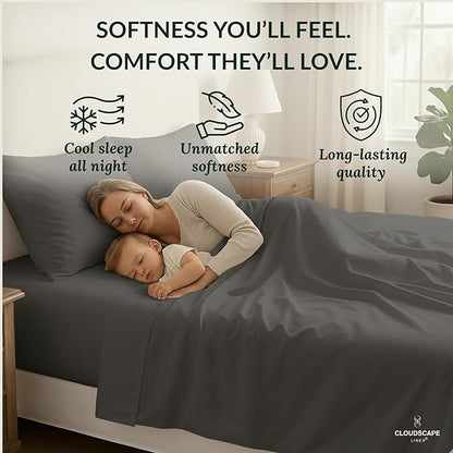 Cloud Scape Linen 100% Egyptian Cotton King Sheets Set – 400 Thread Count, 4-Piece Soft Hotel Quality Bedding Set,Deep Pockets up to 16”, Charcoal Grey