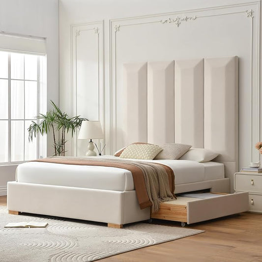 VELOCAVA Queen Size Upholstered Bed Frame with Extra Tall 71.5" 3D Geometric Headboard, Velvet-Like Fabric, 2 Storage Drawers, 30 Wood Slats, Adjustable Center Support, No Box Spring Needed, Beige