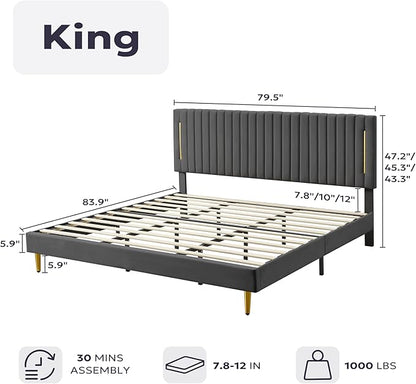 King Platform Bed Frame, Velvet Upholstered Bedframe with Vertical Channel Adjustable Headboard, Golden Plating Trim, Mattress Foundation with Wooden Slats, No Box Spring Needed, Grey