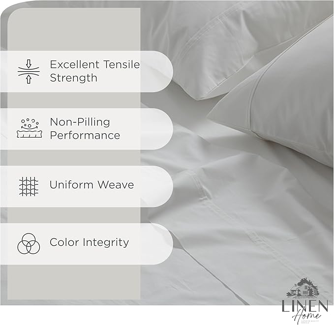 Linen Home 100% Cotton Percale Sheets California King Size, White, Deep Pocket, 4 Pieces Set - 1 Flat, 1 Deep Pocket Fitted Sheet and 2 Pillowcases, Crisp Cool and Strong Bed Linen