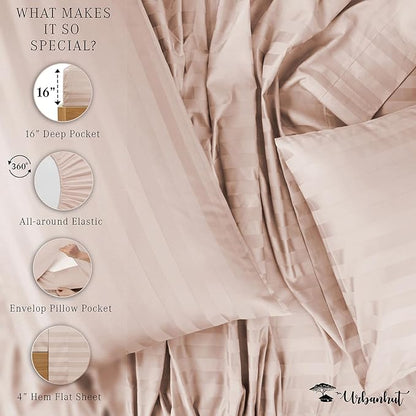 URBANHUT 800 Thread Count 100% Cotton Damask King Size Sheets, 4 Piece Striped King Size Bedsheets, Luxury Hotel Sheets Sateen Weave - Better Than Egyptian, 16" Elasticized Deep Pocket- Blush Pink