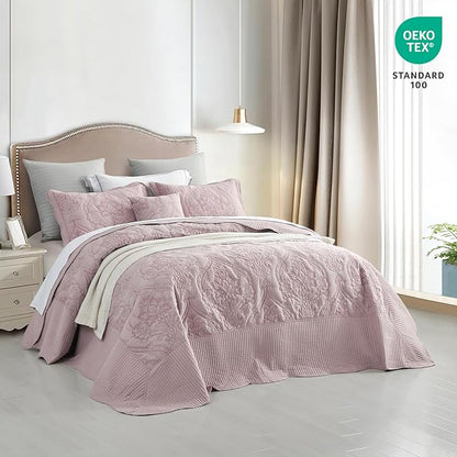 CHIXIN Oversized Bedspread Coverlet Set King Size - Lightweight Bedding Cover - Beautiful Stitching - 4 Piece Reversible Bedspread - Gorgeous Damask Paisley Pattern (King, Pale Rose)