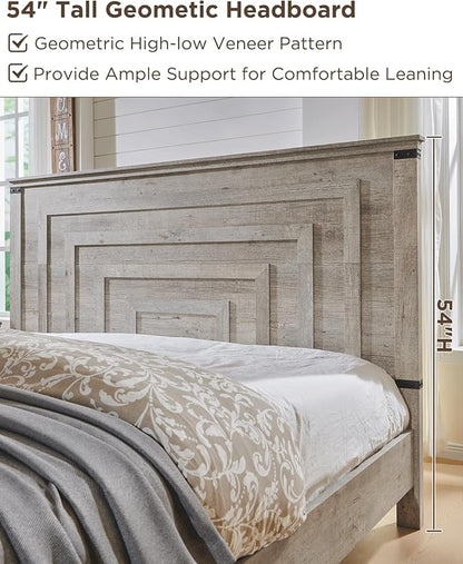 T4TREAM Farmhouse King Size Bed Frame with 54" Tall Geometric Headboard & 2 Large Storage Drawers, Rustic Wood Platform Bed with Wood Slats Support, No Box Spring Needed, Light Rustic Oak