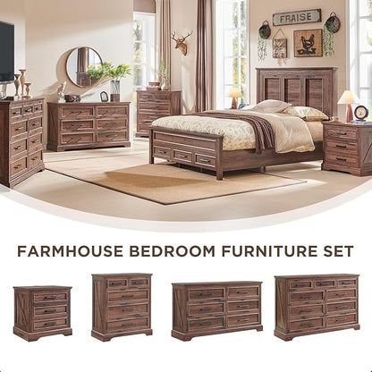 JXQTLINGMU Farmhouse 6 Drawers Dresser for Bedroom, 52'' Wide Large Wood Dressers with Bar Handles, Chests of Drawers with Storage Dressers Organizer for Bedroom, Hallway, Brown