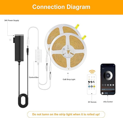 COB LED Strip Lights Natural White,24V Dimmable led Light Strip KIT with Remote and app Control,4000K 50FT/15m 8mm Wide Ra>90 Cuttable Flexible Strip Lights for Bedroom,Wardrobe,Cabinet