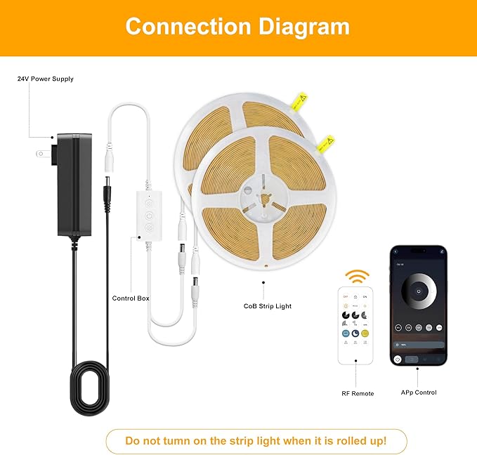 COB LED Strip Lights Warm White,24V Dimmable led Light Strip KIT with Remote and app Control,2700K 32.8FT/2 * 5m 8mm Wide Ra>90 Cuttable Flexible Strip Lights for Bedroom,Wardrobe,Cabinet