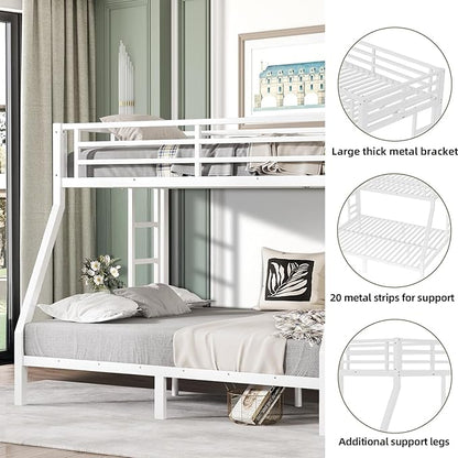 Twin Over Full Bunk Bed Frame, Heavy Duty Metal Loft Bed for Adults/Teens, 250/350LB Capacity w/Ladder & Guardrail, Noise-Free Steel Slats, No Box Spring Required, White