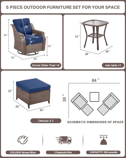 Belord 5 Piece Wicker Patio Furniture Set with Ottoman - High Back Outdoor Swivel Rocker Glider Chairs with Glass Top Side Table,28D High-Density 6" Removable Blue Cushion for Deck Porch Backyard