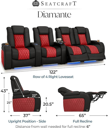 Seatcraft Diamante Zero-Gravity CoolZero Italian Leather Home Theater Seating, Power Headrest, Power Recline, Row of 4 Right Loveseat, Black/Red