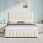 Queen Bed Frame with Headboard and LED Lights, Modern Upholstered Faux Leather Platform Bed with Wooden Slats Support, No Box Spring Needed, Easy Assembly, Cream