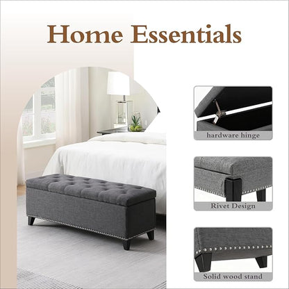 47.5” Storage Ottoman Bench, Upholstered Button-Tufted End of Bed Bench with Soft-Close Hinge & Solid Wood Legs, Foot Rest for Living Room, Bedroom, Hallway (Linen, Dark Grey)