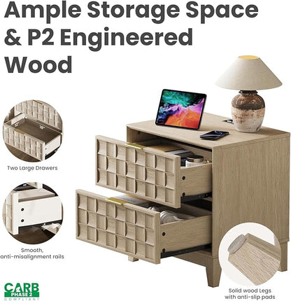 COLAMY Nightstand with Charging Station, 22" Modern Bed Side Table with 2 Storage Drawers and Chessboard Relieffor Bedroom, Dorm and Small Spaces - Oak