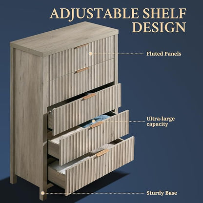5 Drawers Dresser for Bedroom, 44 Inches Tall Modern Bedroom Dressers, Chest of Drawers for Bedroom, Fluted Dresser for Closet Organizer for Living Room, Hallway, Entryway (Grey Oak, 3 Pieces)