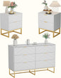 Anbuy 3 Pieces Bedroom Sets 6 Drawer Dresser and Nightstand Sets for Bedroom, Night Stand Set of 2 & 6 Drawer Dresser with Gold Handles, Morden Wood Chest of Drawers Storage Cabinet Set, White