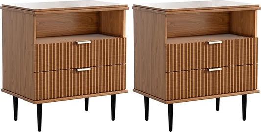 Nightstand with Charging Station, Wide Fluted Nightstand, Wood for Bedroom, Black Dresser with Storage Drawers, Bedside Table with Metal Handle & Leg (Walnut Set of 2, 23.3)