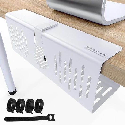 NODOCA No Drill Under Desk Cable Management Tray, 14'' Wire Management, Punch-Free Clamp on, Metal Cable Tray, Wire Organizer, Under Desk Basket for Office and Home, White